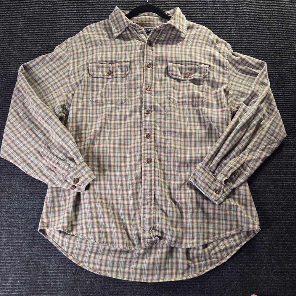 Vtg 90s Guess Checkered Button Up Long Sleeve Men's XXL 100% Cotton